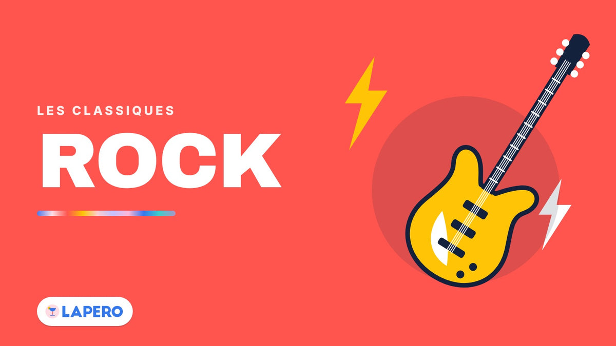Visuel de la playlist Rock Les Classiques de LAPERO : guitare électrique jaune et éclairs sur fond rouge