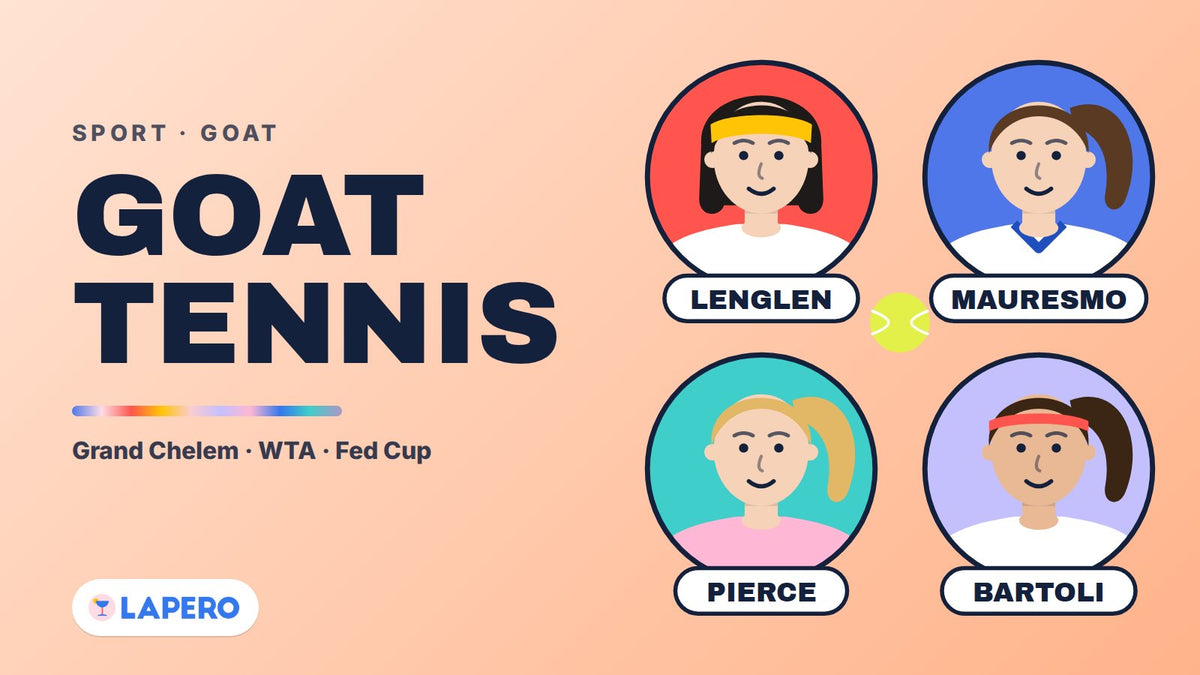 Illustration GOAT du tennis féminin français : portraits dessinés de Suzanne Lenglen, Amélie Mauresmo, Mary Pierce et Marion Bartoli